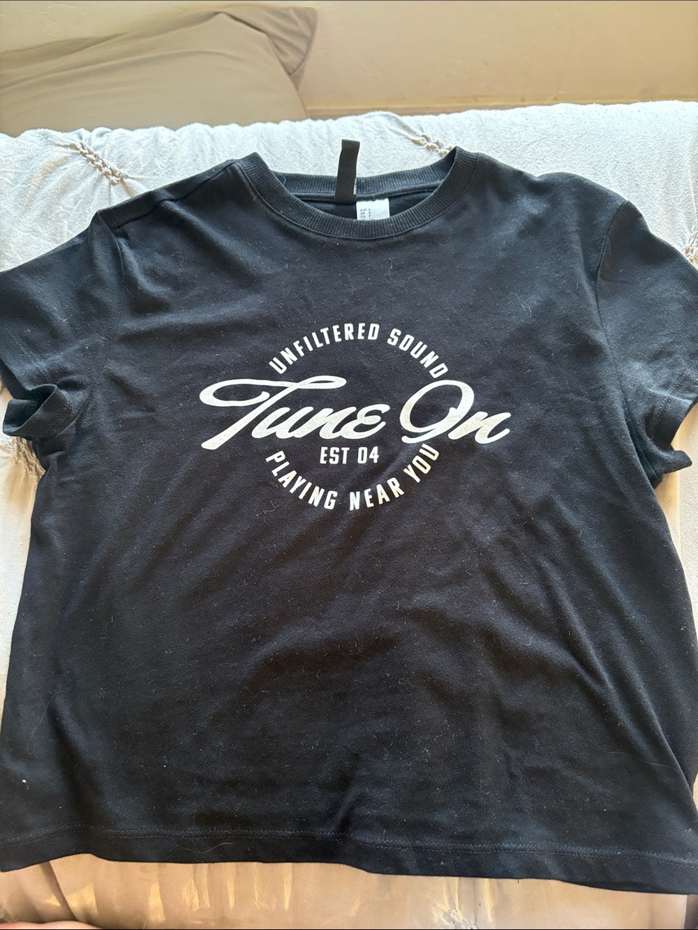H&M Black Graphic Tee with White 'Tune On' Print